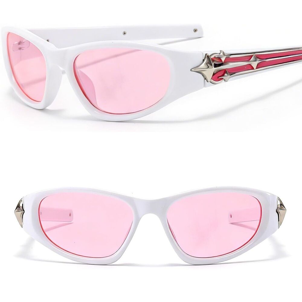 Unisex White Pink Narrow Wrap Oval Star Y2K Punk Sport Fashion Style Sunglasses
